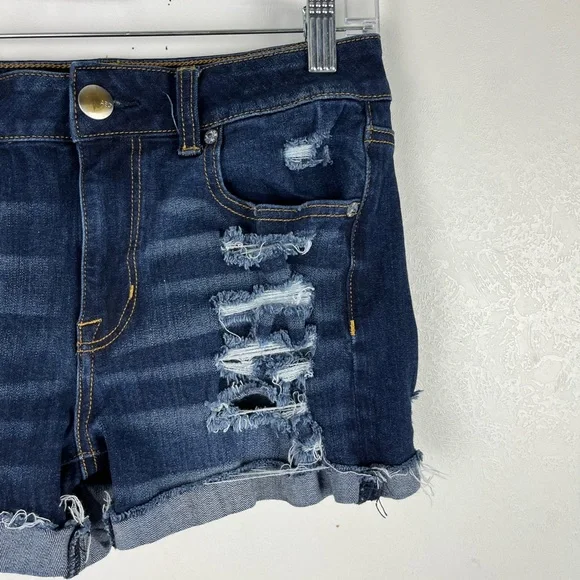 American Eagle Hi-Rise Shortie Jean Shorts Distressed Dark Blue Wash Festival 6 - Picture 3 of 12